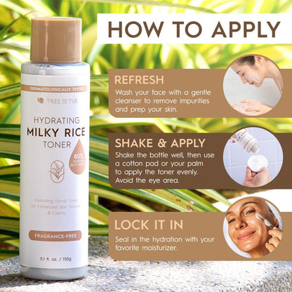 Tree to Tub Hydrating Milky Rice Toner with 80% Korean Rice Bran, Niacinamide & Ceramide – Brightening Skincare for Dry, Dehydrated Skin