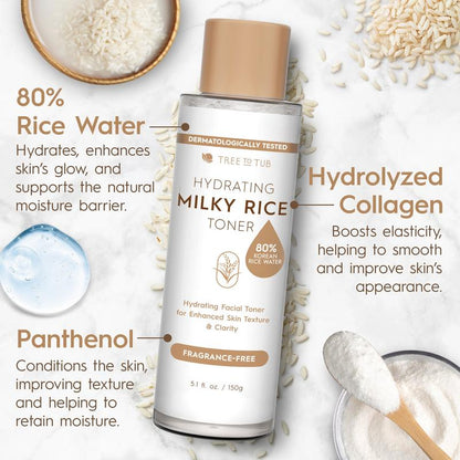 Tree to Tub Hydrating Milky Rice Toner with 80% Korean Rice Bran, Niacinamide & Ceramide – Brightening Skincare for Dry, Dehydrated Skin