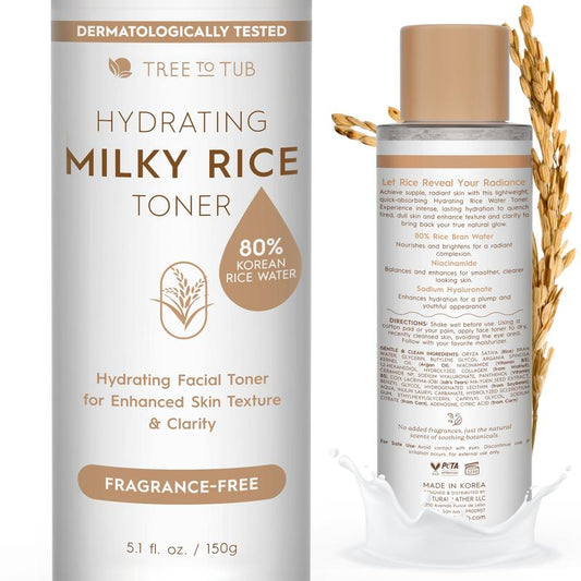 Tree to Tub Hydrating Milky Rice Toner with 80% Korean Rice Bran, Niacinamide & Ceramide – Brightening Skincare for Dry, Dehydrated Skin