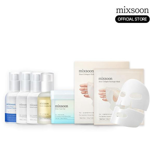 [Mixsoon Official Shop] K-POP IDOL Glass Skin SetㅣBifida Toner Pad+Galactomyces Ferment Essence+Bifida Ferment Essence+Soondy Centella Asiatica Essence+Glacier Water Hyaluronic Acid Serum+Premium Bifida Cream+Bean Collagen Hydrogel Mask Pack 5EA